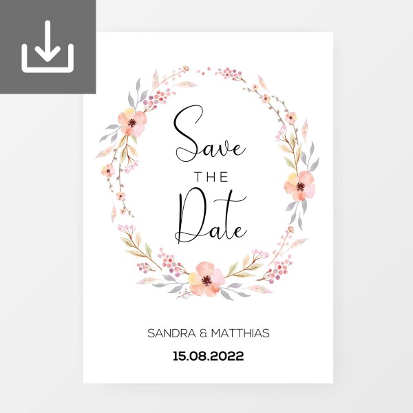 Save-the-Date-Karte "Boho Flowers" - PDF Vorlage zum Ausdrucken