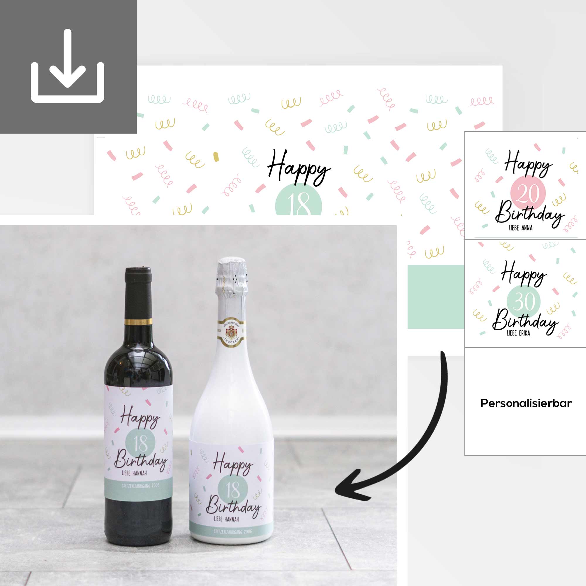 Farbenfrohe Flaschenbanderole im 'Zahl Konfetti'-Design für Geburtstage, personalisierbar mit Namen und besonderen Grüßen, ideal für Sekt- oder Weinflaschen